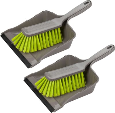 Set van 2x stuks kunststof stoffer en blik grijs/groen met zachte borstel - Schoonmaakartikelen