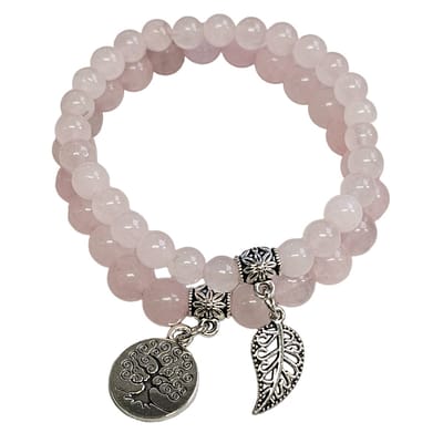 Fako Bijoux - Dubbele Kralen Armband Met Levensboom & Veertje - 6 & 8mm - Natuursteen Armband Set - Elastisch Koord - Rozenkwarts