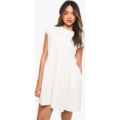 boohoo Dames Katoenen Smock Jurk met Gebogen Zoom | White | Maat: 8