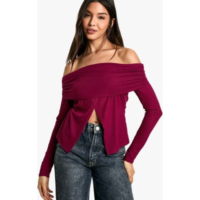 boohoo Dames Soft Rib Bardot Top Met Split Zoom | Bordeaux Rood | Maat: 38