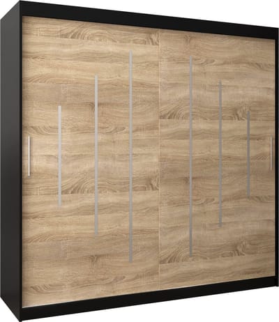 InspireMe - Kledingkast met 2 schuifdeuren, Modern-stijl, Een kledingkast met planken (BxHxD): 200x200x62 - MALTESE 200 Zwart Mat + Sonoma Eik