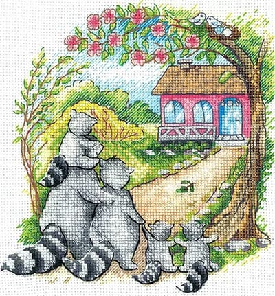 Borduurpakket - Housewarming Raccoons - telpatroon om zelf te borduren