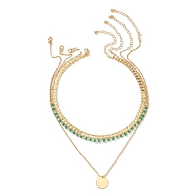 Goudkleurige ketting dames layer ketting set met groene kralen en rondje hanger – 4-delige bohemian ketting set met hartjes ketting, kralen ketting, schakel ketting en hanger ketting
