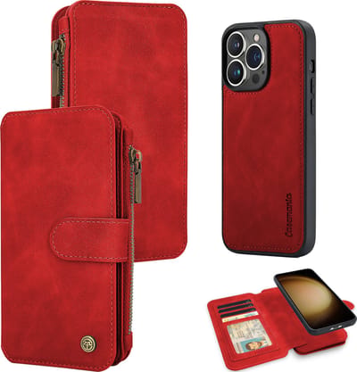 Casemania Hoesje Geschikt voor Apple iPhone 12 Pro Max Crimson Red - 2 in 1 Magnetic Book Case met Rits