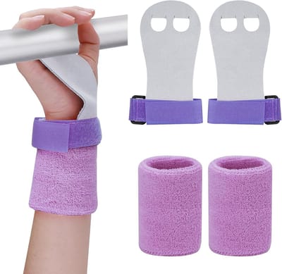 Gymnastics Pads met Armbanden voor Kinderen - Grip Pads - Cross Training - Gymnastiek - Leren Trainingshandschoenen - Polsbanden - Fitness Set voor Meisjes en Jongens (Paars, M)