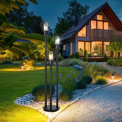 Vloerlamp Outdoor vloerlamp Padlamp Retro raster Vloerlamp 3 vlammen, roestvrij staal metaal zwart, doorzichtig plastic, 3x E27, LxH 44x2x170 cm
