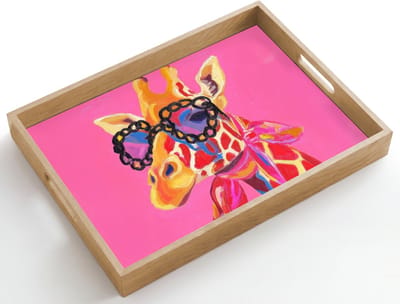 Dienblad hout 50x35 cm - Schootdienblad - Giraf - Roze - Bril - Sjaal - Borrelplank rechthoek - Plateau dienbladen
