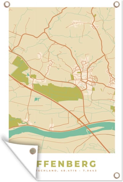 Muurdecoratie Vintage - Stadskaart - Offenberg - Kaart - Plattegrond - 120x180 cm - Tuinposter - Tuindoek