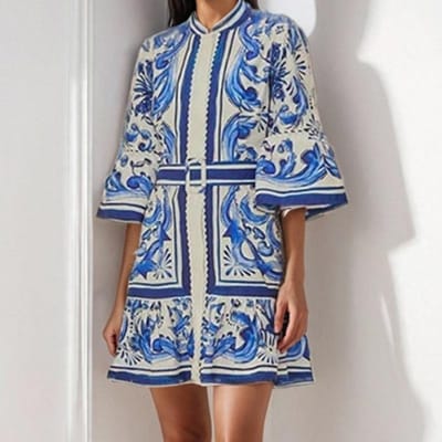 Nieuwe Dames Franse Retro Taille-omsluitende Uitlopende Mouw Print Lentejurk voor Dames XL