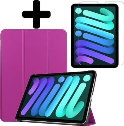 Hoes - Geschikt voor Apple iPad Mini 6 (2021) - 8.3 inch - 6e Generatie - Met Screenprotector - Trifold Bookcase - Hard Cover - Hardcover Book Case - Tablet Hoesje - Paars