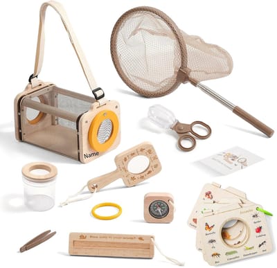 Houten Onderzoeksset voor Kinderen – 9-delig Outdoor Speelgoed met Insectenvanger, Vergrootglas en Kompas voor Natuurverkenning