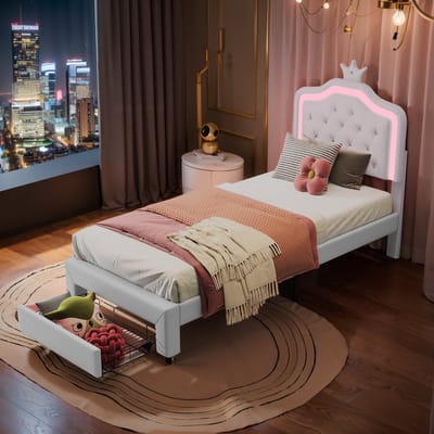Kinderbed 90x200 cm Wit – Prinsessenbed met PU Leren Hoofdbord, Verstelbare LED-Verlichting, Opberglade en Lattenbodem