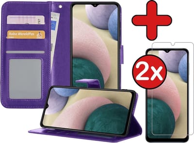 Hoesje - Met 2x Screenprotector - Geschikt voor Samsung Galaxy A12 - Luxe Pasjeshouder - Flip Case - Bookcase Portemonee - Kunstleer Book Case - Flipcase Hoes - Book Cover - Walletcase - Portemonneehoes - Telefoonhoes - Paars