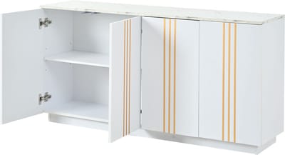 MODFU Sideboard - 4 Deuren - Symmetrisch Ontwerp - Vrijstaand - Woonkamer Of Hal - Spaanplaat - Wit En Goud - 35 X 140 X 70 Cm