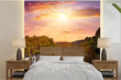 Behang - Fotobehang Waterval - Landschap - Zon - Wolken - Zonsondergang - Breedte 280 cm x hoogte 280 cm
