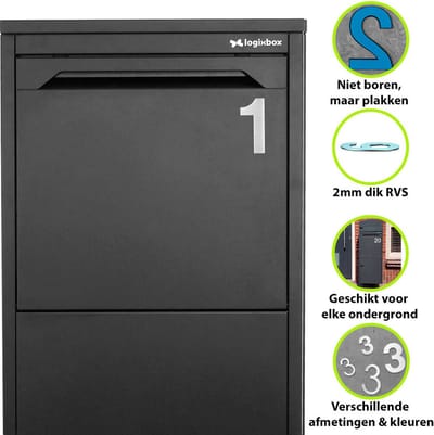 Logixbox - Huisnummer 1 - NIET Boren, Maar Plakken - 3M Sticker - Materiaal: RVS - Hoogte: 7,5cm - Type RVS/75/Bold/nr. 1