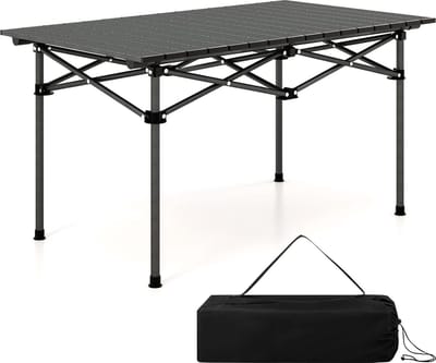 Campingtafel opvouwbaar, vouwtafel met oprolbaar tafelblad, klaptafel tuintafel met aluminium tafelblad voor 4 personen, incl. draagtas, 95 x 55 x 50 cm, zwart