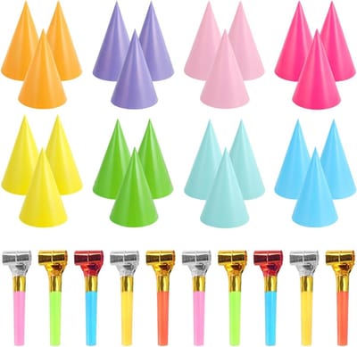 Kleurrijke Verjaardagshoeden Set van 24 Stuks met 10 Fluitjes, Feestdecoratie voor Kinderen en Volwassenen, Party Supplies voor Elk Feest