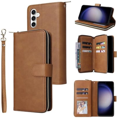 Telestore - Telefoonhoesje geschikt voor Samsung Galaxy S25 FE - Portemonnee met rits - book-case hoesje - ruimte voor 9 pasjes - bruin