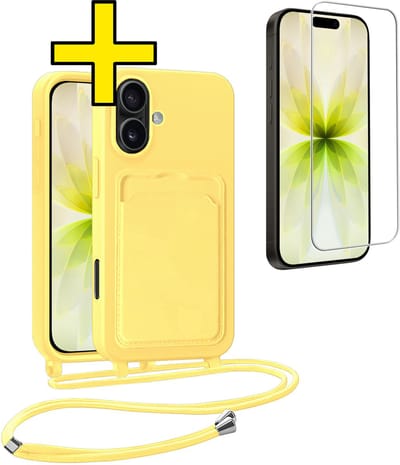 Hoesje Geschikt voor iPhone 17 Telefoonhoesje Met Koord Case Pashouder Met Screenprotector Siliconen - Hoes Geschikt voor iPhone 17 Hoesje Met Kaarthouder - Geel