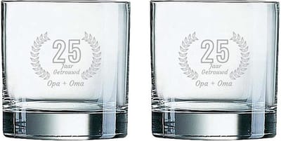 Gegraveerde set Whiskeyglazen 38cl Opa + Oma 25 jaar getrouwd