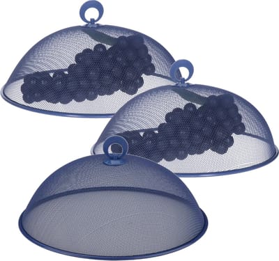 Alpina Vliegenkap/voedselkap - 3x - rond - blauw - D30 x H15 cm - buiten eten - anti insecten - metaal