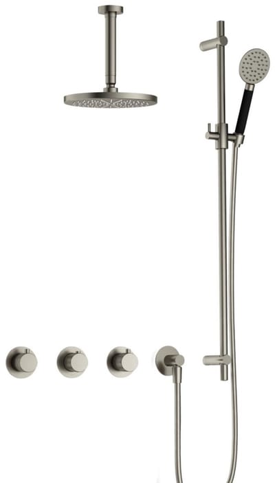 Hotbath Cobber X IBSX70 inbouw regendoucheset met ronde handdouche aan glijstang en 20cm ronde hoofddouche aan 15cm plafondarm geborsteld nikkel