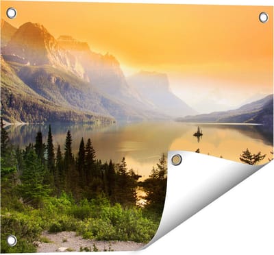Gards Tuinposter Bergen met een Meer in Nationaal Park Glacier - 50x40 cm - Tuindoek - Tuindecoratie - Wanddecoratie buiten - Tuinschilderij