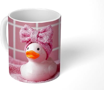 Mok - Koffiemok - Badeend -Strik - Roze - Mokken - 350 ML - Beker - Koffiemokken - Theemok
