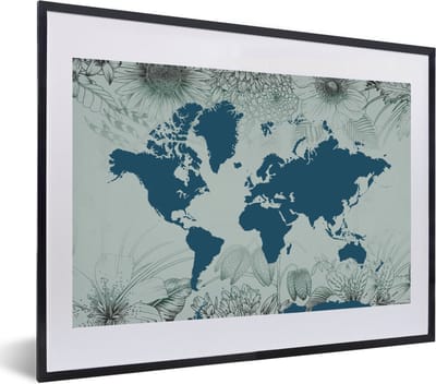 Poster in lijst - Fotolijst 60x40 cm - Posters - Wereldkaart - Grijs - Blauw - Posterlijst zwart - Decoratie - Wanddecoratie woonkamer - Muurdecoratie slaapkamer