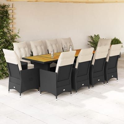 vidaXL - 11-delige - Bistroset - met - kussens - poly - rattan - zwart