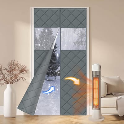 MUPOO Magnetisch Deurgordijn - Zelfklevend & Thermisch Isolerend - 420 GSM - Warmte- en Tochtwerend - Gewatteerd - Automatisch Sluitend - voor Thuis, Winkel of Restaurant(Grijs1, B90xH210cm)