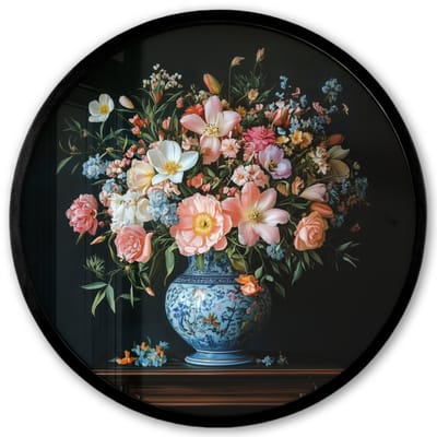 Poster in lijst Rond - Fotolijst 40x40 cm - Posters - Roze - Bloemen - Vaas - Kleuren - Ronde posterlijst zwart - Decoratie - Wanddecoratie woonkamer - Muurdecoratie slaapkamer