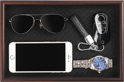 Houten Valet Tray met Leren Basis - Multifunctionele Organiser voor Sleutels, Portemonnee, Telefoon, Horloge en Sieraden in Zwart