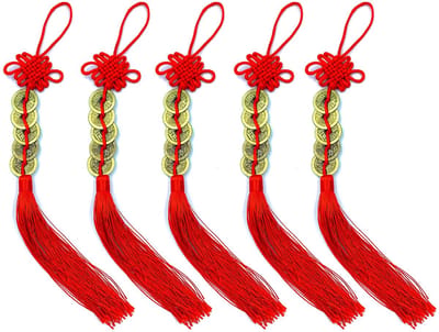 Dailygoods- Geluksmunten Antiek 5 Stuks - Feng Shui Munten - Chinese Knoop - Messing Decoratie - Rijke Zegenzak - 35x2,4 cm