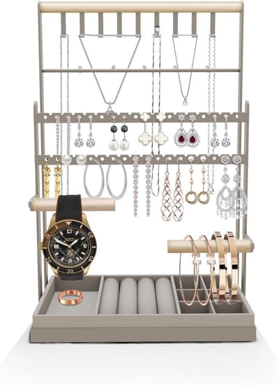Elegante 4-laagse sieradenstandaard met fluwelen lade voor kettingen, armbanden, oorbellen en ringen in grijs
