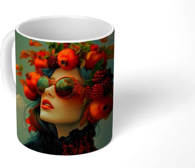 Mok - Koffiemok - Vrouw - Granaatappel - Herfst - Zonnebril - Mokken - 350 ML - Beker - Koffiemokken - Theemok