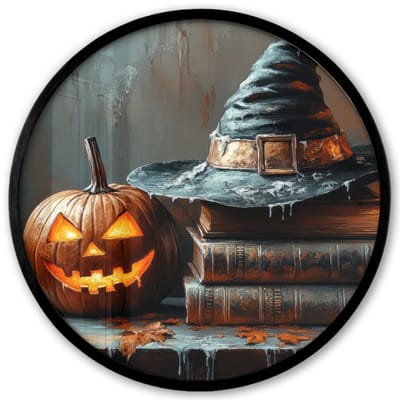 Poster in lijst Rond - Fotolijst 40x40 cm - Posters - Halloween - Stilleven - Heksenhoed - Pompoen - Heks - Ronde posterlijst zwart - Decoratie - Wanddecoratie woonkamer - Muurdecoratie slaapkamer