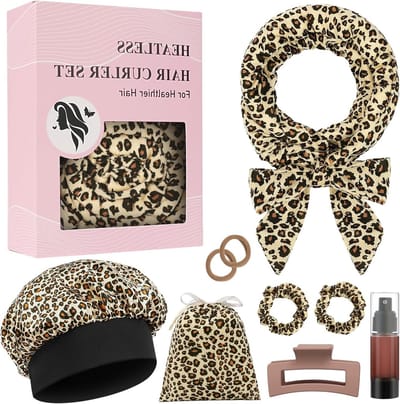 Nachtelijke Haar Krulset - 9 Stuks Fluwelen Krulrollers zonder Hitte met Hoofdband - Ideaal voor Lang en Middellang Haar, Leopardprint Design