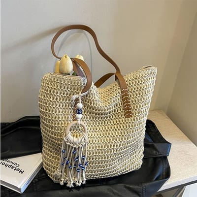 Sac en paille tissé de grande capacité, fourre-tout tendance pour les déplacements, les voyages d'été, la plage, les vacances, sac à bandoulière décontracté brown