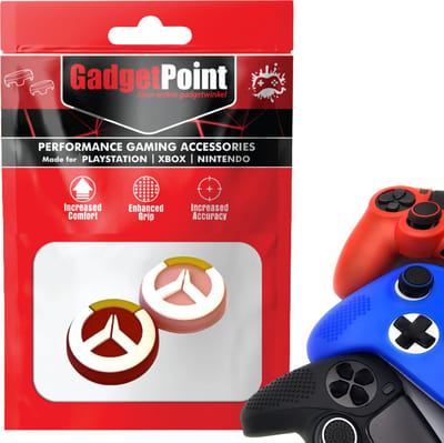 Gadgetpoint - Thumb Grips voor PlayStation, PS5, Xbox X/S, One & Switch Pro Controller - Gaming Thumbgrips - Performance Anti-Slip Thumbsticks - Bescherming Accessoires - Roze/Rood met Wit/Geel