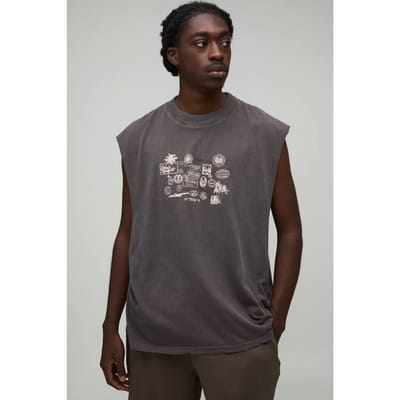 Gewassen Chocoladebruin Oversized Tanktop Met Ansichtkaartprint | Washed Chocolate | Size Large