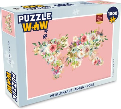 Puzzel Wereldkaart - Rozen - Roze - Legpuzzel - Puzzel 1000 stukjes volwassenen