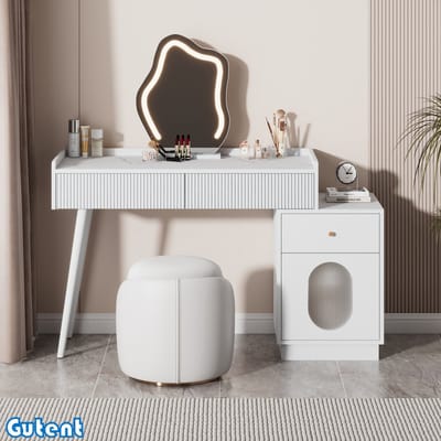 Gutent Kaptafel - met LED Spiegel en verlichting - Wit - Drie laden - afmetingen: B100/H75/D40 cm (Zonder kruk)