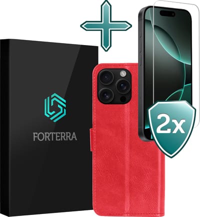 Hoesje Met 2x Screenprotector - Geschikt voor Apple iPhone 16 Pro - Luxe Pasjeshouder - Flip Case - Bookcase Portemonee - Kunstleer Book Case - Flipcase Hoes - Book Cover - Walletcase - Portemonneehoes - Rood