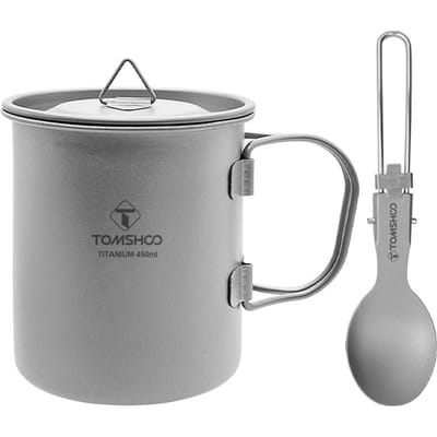 Reismok Met Lepel Pure Ti Opvouwbare Handgreep Campingbeker Lichtgewicht Metalen Mok Voor Buitenbekers 450ml mug + folding spoon