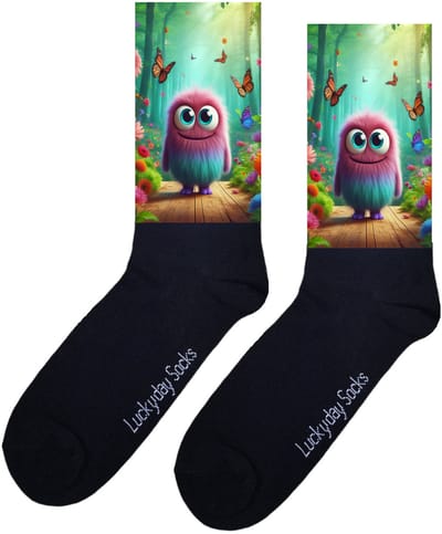 Luckyday Socks - Unisex sokken - Roze monstertje - Vlinders - cadeau sokken - Maat 37-44