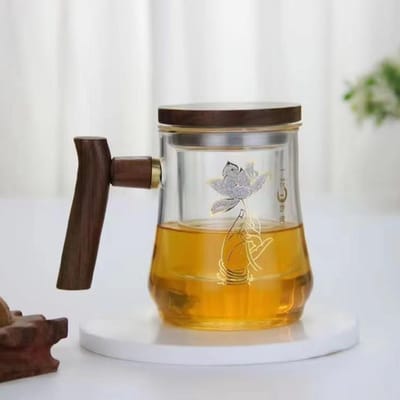 Hoge Borosilicaat Hittebestendig Glas Theekop Thee Water Scheiding Kan Gescheiden Worden Driedelig Houten Kop Kantoor Drinkbeker 500ml