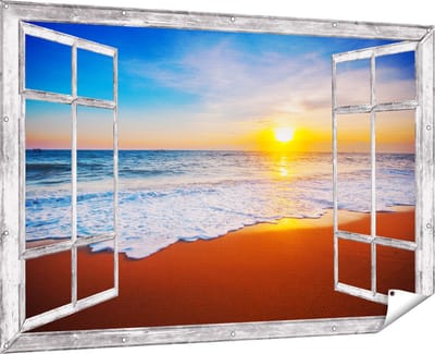 Gards Tuinposter Doorkijk Strand en Zee tijdens Zonsondergang - 180x120 cm - Tuindoek - Tuindecoratie - Wanddecoratie buiten - Tuinschilderij