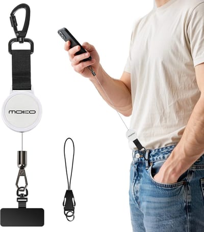Universele Anti-diefstal Telefoon Lanyard met Retractable Staallijn, Vergrendelbare Carabiner en 360° Tether Tab voor Buitenactiviteiten zoals Hiken, Klimmen en Vissen, Wit en Zwart